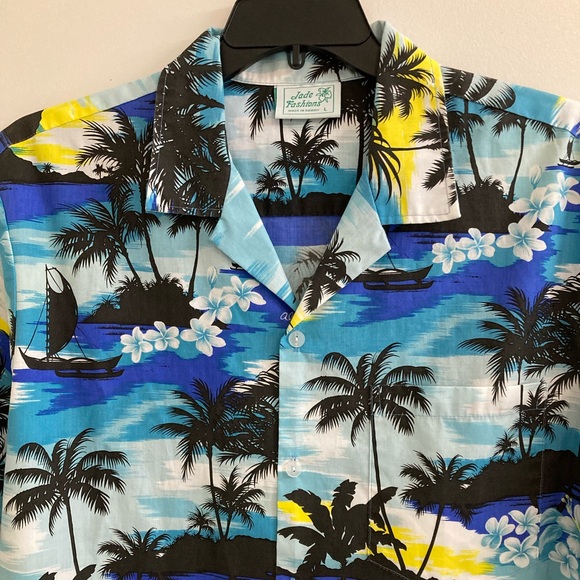 Jade Fashions Hawaiian Shirt Mens Size L Blue Green Palm Trees Made in Hawaii - Picture 3 of 6